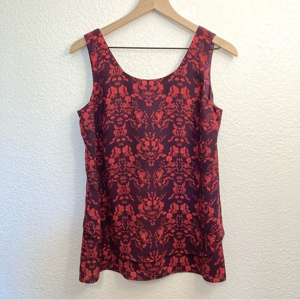 Cabi Cameo Print Purple Red Dressy Layered Sleeveless Top Tank Small